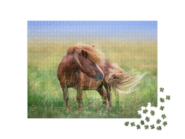 Puzzel 1000 stukjes „Pony op de wei in de lentewind“
