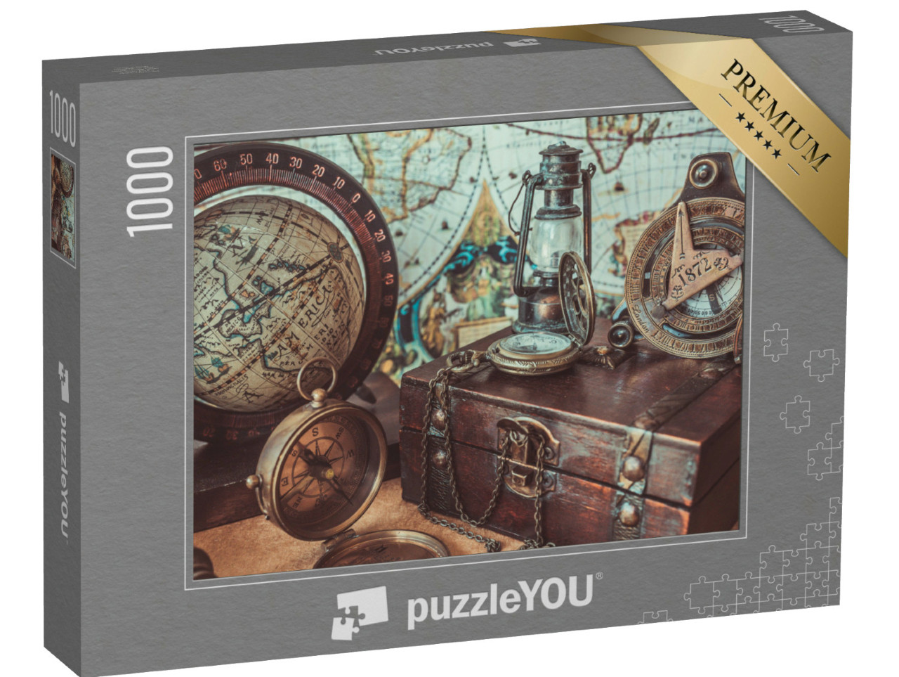 Puzzel 1000 stukjes „Antieke verzameling: kompas, olielamp, globe en schatkist“