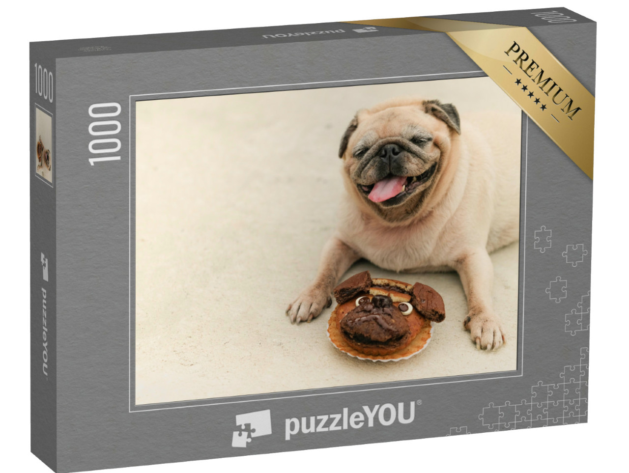 Puzzel 1000 stukjes „Mopshond met mopshond taart“