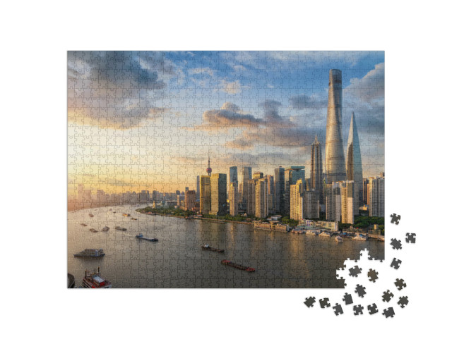 Puzzel 1000 stukjes „Uitzicht over de Huangpu rivier naar de skyline van Shanghai“