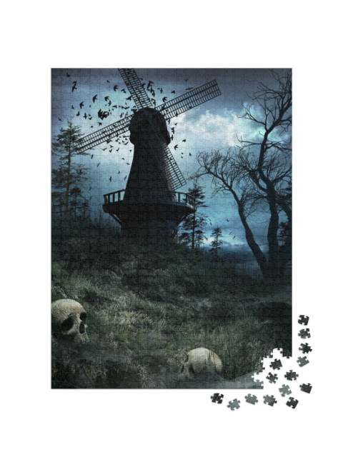 Puzzel 1000 stukjes „Donkere windmolen met vogels en schedels“