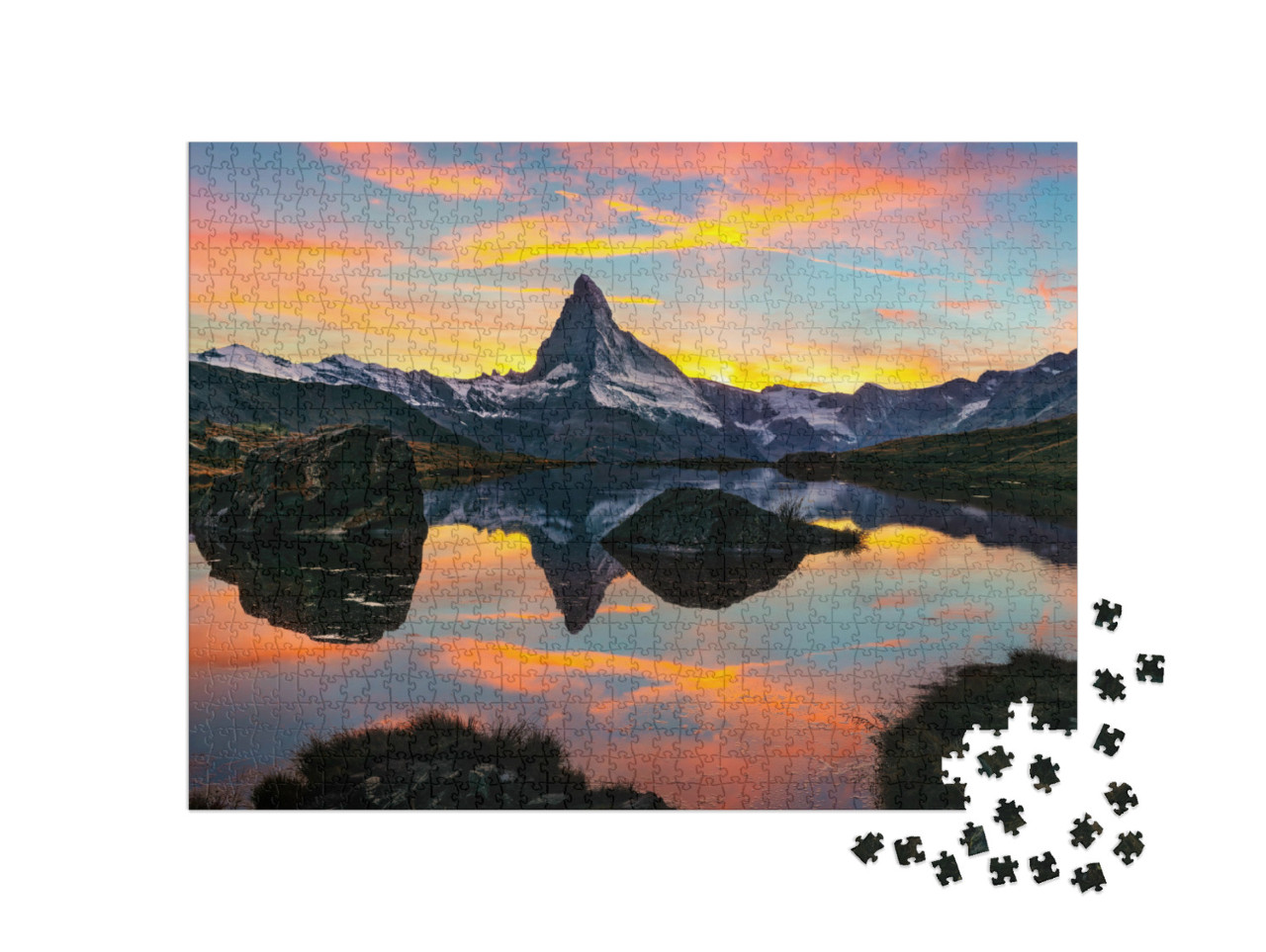 Puzzel 1000 stukjes „Ochtendzicht van de Stellisee op de Matterhorn, Alpen, Zwitserland“