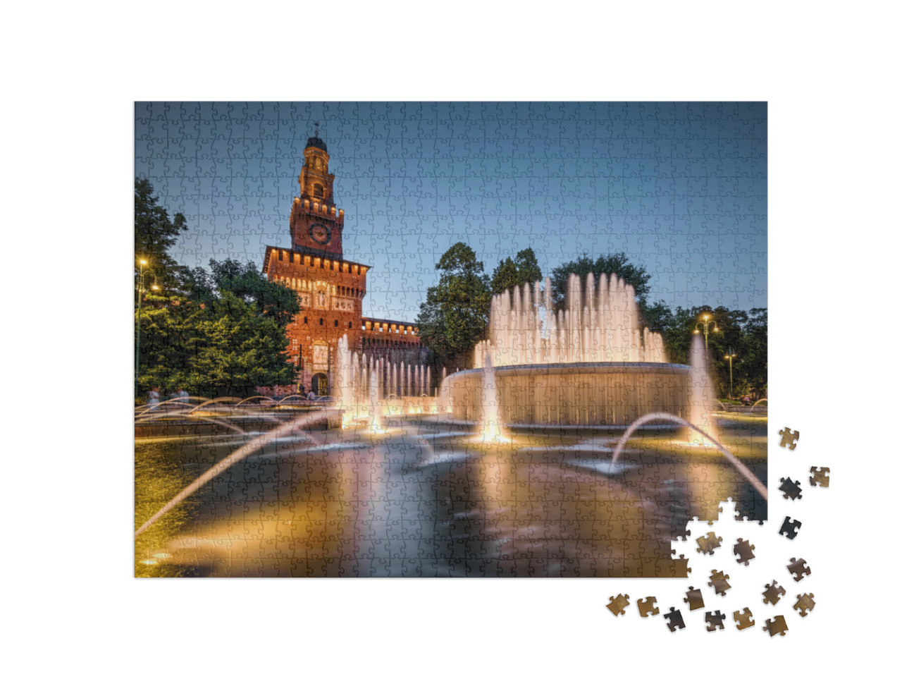 Puzzel 1000 stukjes „Castello Sforzesco met fontein verlicht in de avond, Milaan, Italië“