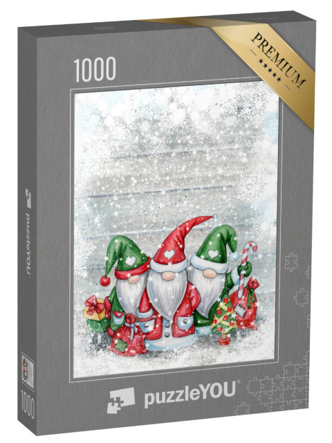 Puzzel 1000 stukjes „Cartoons met kerstkabouters, wenskaart voor kerstmis“