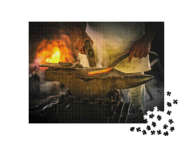 Puzzel 1000 stukjes „IJzersmid aan het aambeeld in een retro smederij“