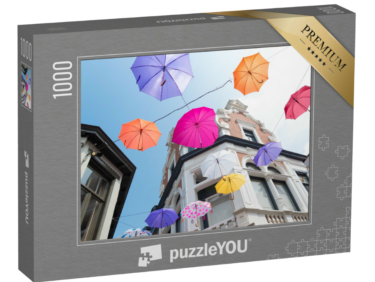 Puzzel 1000 stukjes „Kleurrijke paraplu's over de straten bij "Deventer op Stelten"“