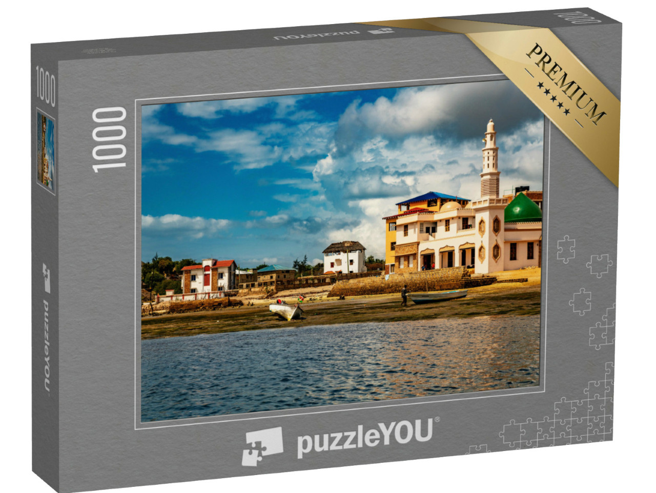 Puzzel 1000 stukjes „Huizen en Riyadha moskee gemaakt van platte bakstenen van koraal, Kenia, Afrika“