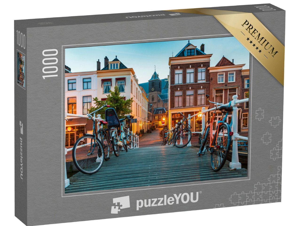 Puzzel 1000 stukjes „Traditionele architectuur, huizen en grachten tijdens het blauwe uur in Leiden“