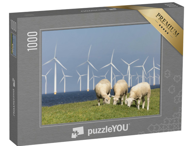 Puzzel 1000 stukjes „Nederlandse dijk aan het IJsselmeer met windmolens en drie grazende schapen“