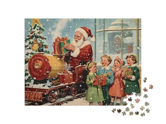 Puzzel 1000 stukjes „Motif de Noël vintage : Père Noël avec des enfants qui chantent“