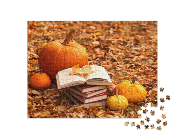 Puzzel 1000 stukjes „Herfsttafereel met boeken en pompoenen“