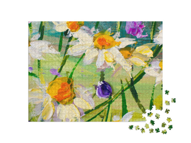 Puzzel 1000 stukjes „Olieverfschilderij: Mooie veldbloemen op canvas“