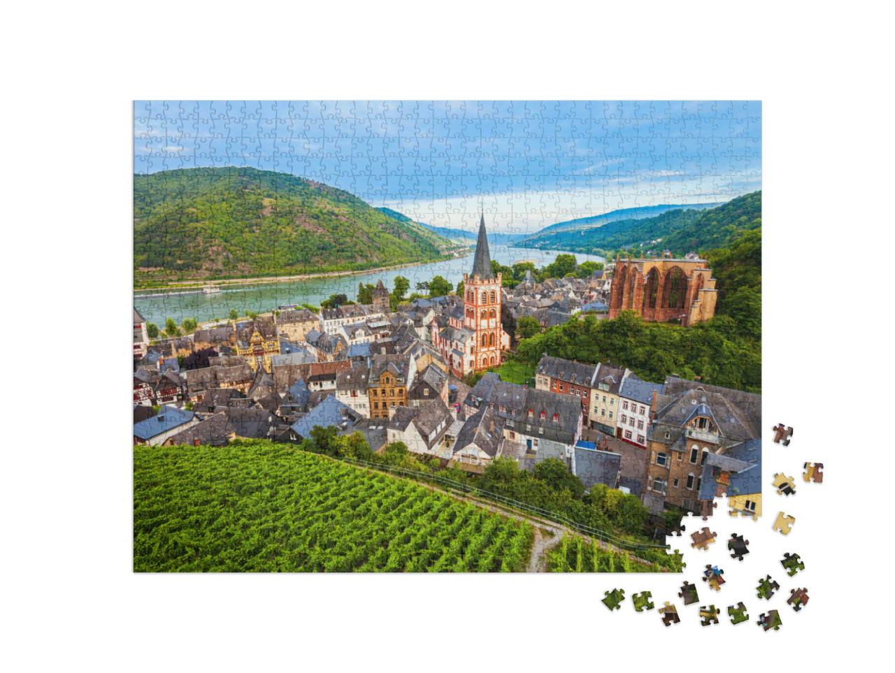 Puzzel 1000 stukjes „Bacharach: een panoramisch uitzicht vanuit de lucht, Rijnland-Palts, Duitsland“