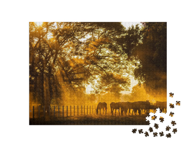 Puzzel 1000 stukjes „Paarden grazen in het gouden avondlicht“