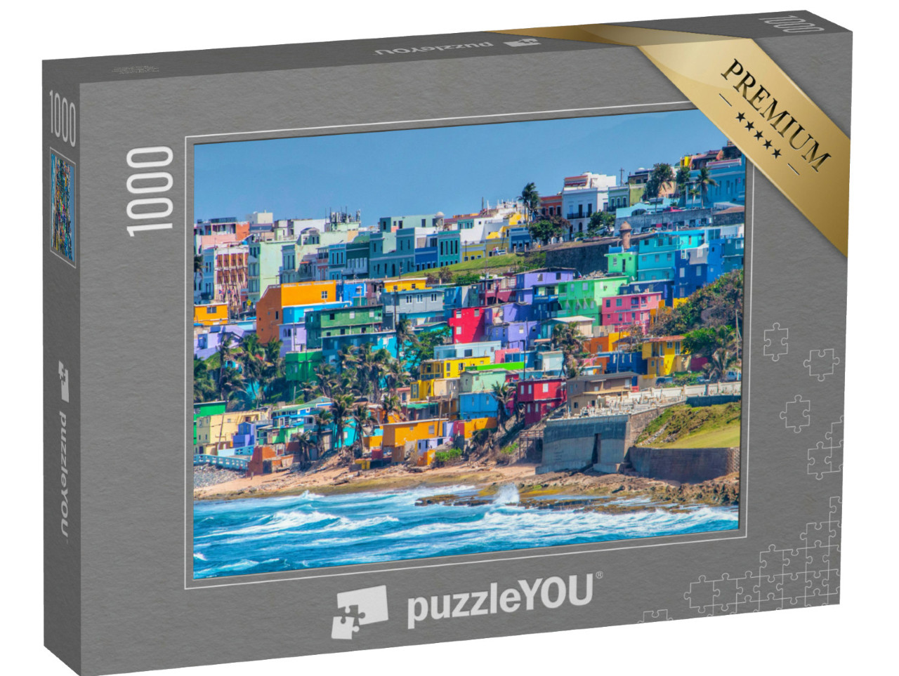 Puzzel 1000 stukjes „Kleurrijke huizen op het strand in San Juan, Puerto Rico“
