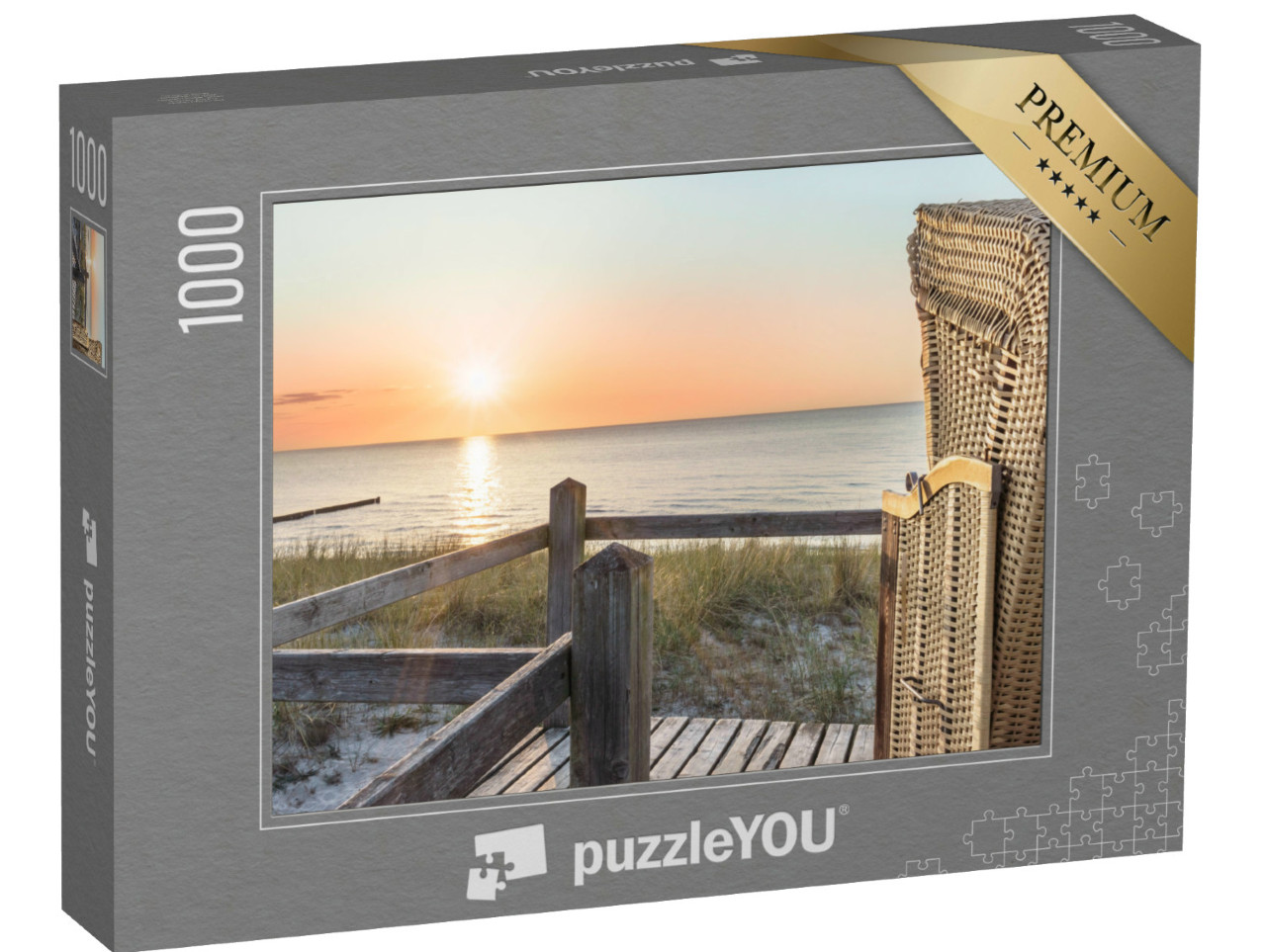 Puzzel 1000 stukjes „Zonsondergang en strandstoel op het strand van de Oostzee“