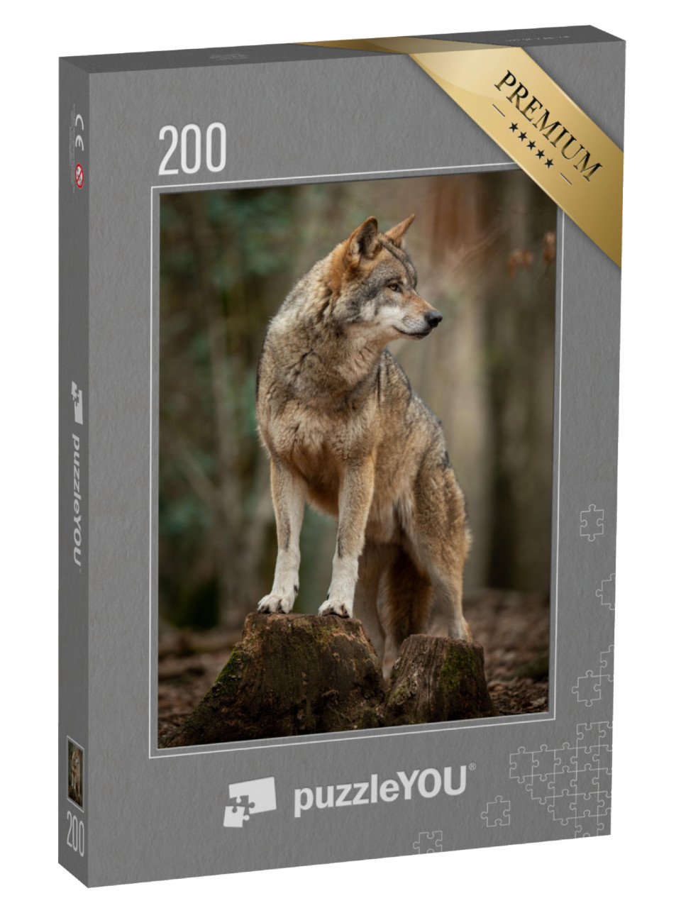 Puzzel 200 stukjes „Grijze wolf in een geurhouding in het bos“