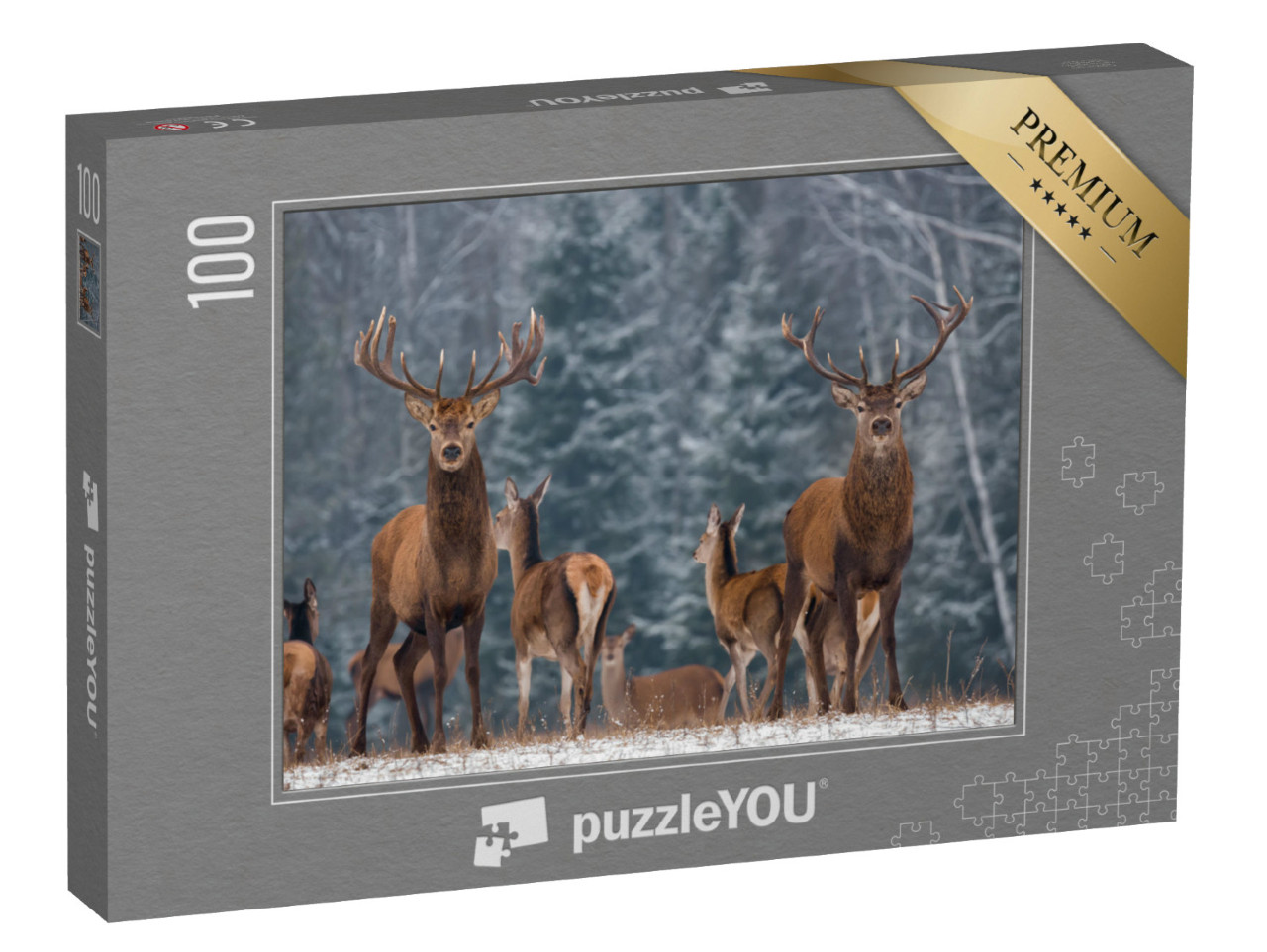 Puzzel 100 stukjes „Een kudde herten in het winterse bos“