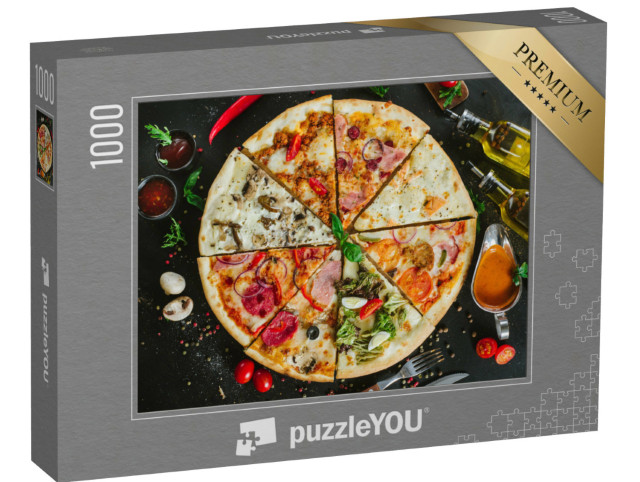 Puzzel 1000 stukjes „Verschillende stukken van een grote pizza“