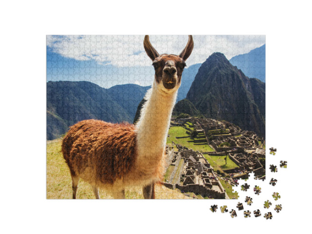 Puzzel 1000 stukjes „Lama, op de achtergrond de Inca-ruïnes bij Machu Picchu, Peru“