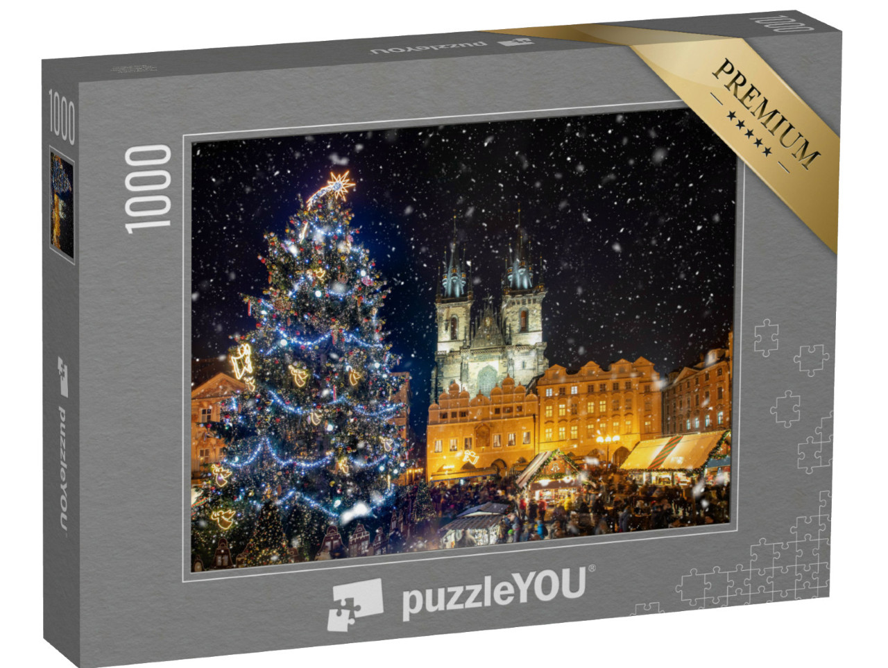 Puzzel 1000 stukjes „Prachtig uitzicht op het Oude Stadsplein met kerstmarkt, Praag bij nacht“