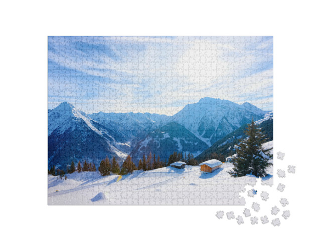 Puzzel 1000 stukjes „Mayrhofen skigebied met chalets in het schilderachtige Zillertal, Tirol, Oostenrijk in de winter“