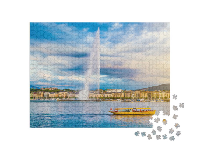 Puzzel 1000 stukjes „De skyline van Genève met de beroemde Jet d'Eau-fontein, Zwitserland“
