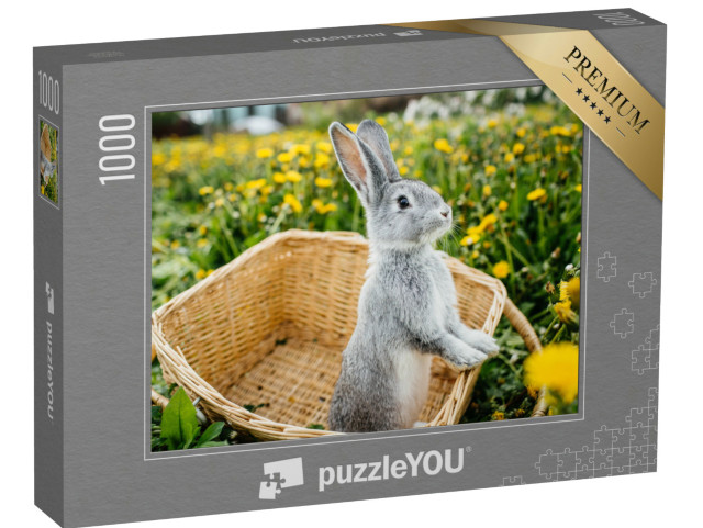 Puzzel 1000 stukjes „Grijs konijn in een mandje op een paardenbloemweide“