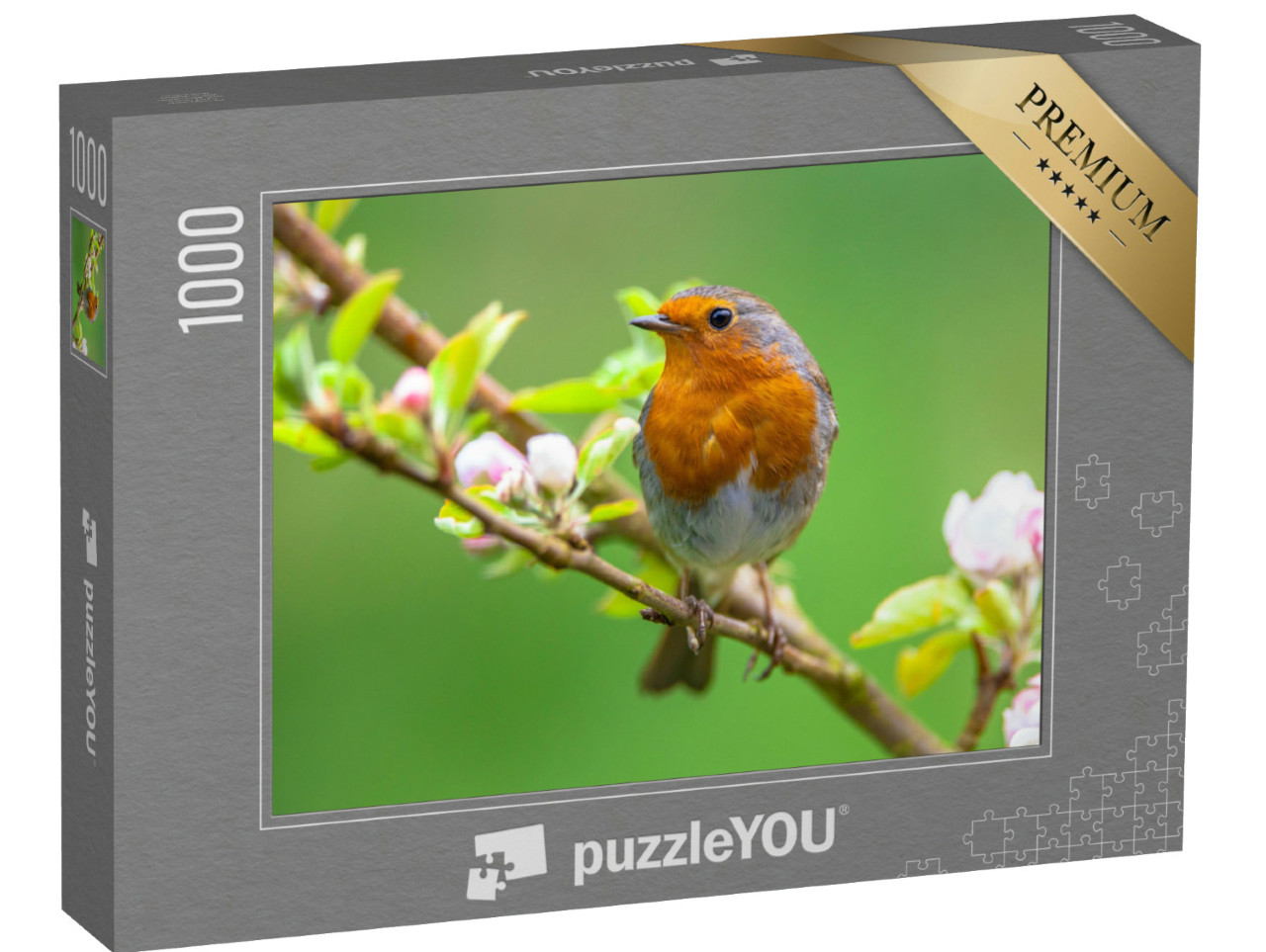 Puzzel 1000 stukjes „Een roodborstje tussen witte fruitbloesems“