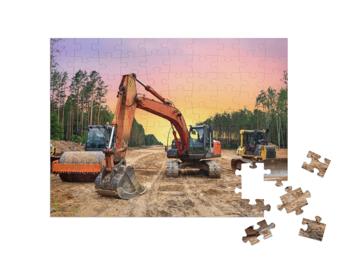 Puzzel 100 stukjes „Bulldozers, graafmachines en bodemverdichters voor de wegenbouw“