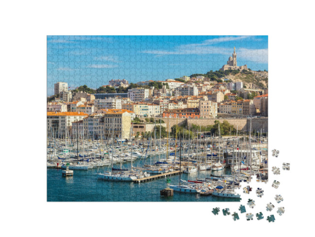 Puzzel 1000 stukjes „Basiliek Notre Dame de la Garde en oude haven in Marseille, Frankrijk“