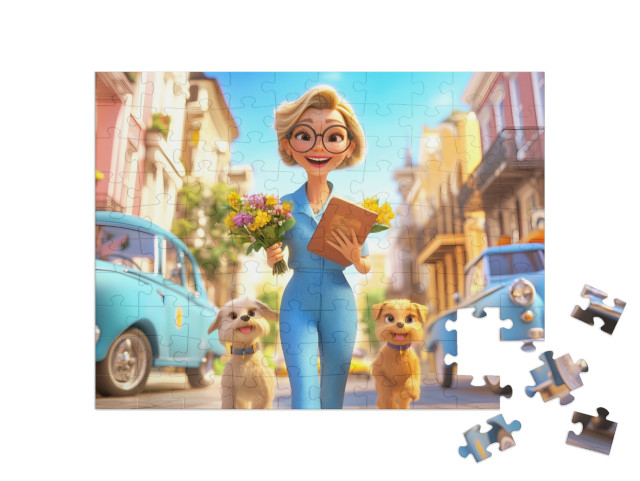 Puzzel 100 stukjes „Lentewandeling met de honden“