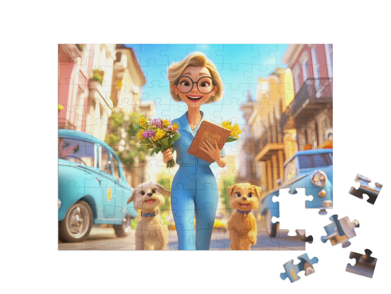 Puzzel 100 stukjes „Lentewandeling met de honden“