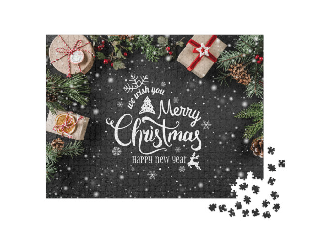 Puzzel 1000 stukjes „Kerstmis: Dennentakken, cadeautjes, bessen, sneeuw“