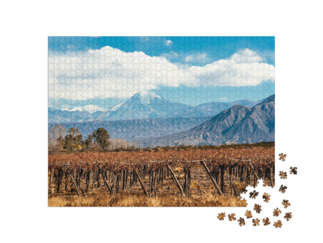 Puzzel 1000 stukjes „Aconcagua vulkaan en wijngaard, Andes, Argentinië“