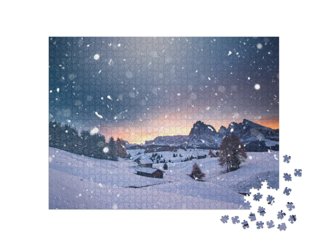 Puzzel 1000 stukjes „Kleine winterhut in de magische zonsondergang, Alpe di Siusi, Italië“