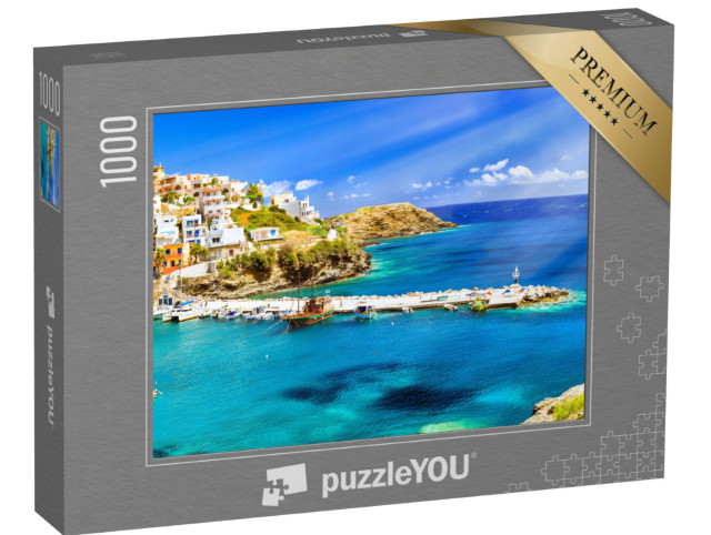 Puzzel 1000 stukjes „Haven met marineschepen, boten en vuurtoren, Rethymno, Kreta“