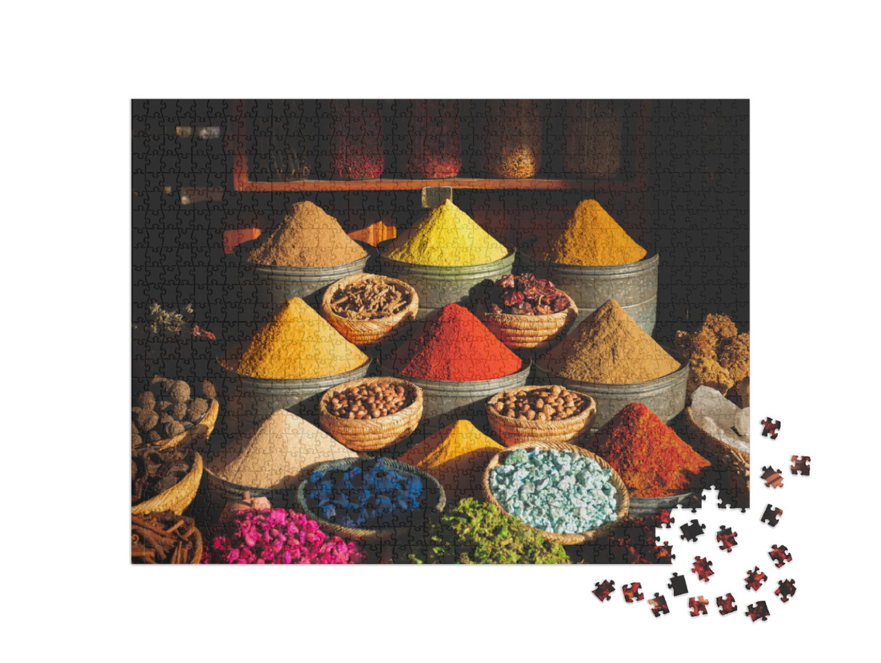 Puzzel 1000 stukjes „Kleurrijke kruiden op een traditionele markt in Marrakech, Marokko“