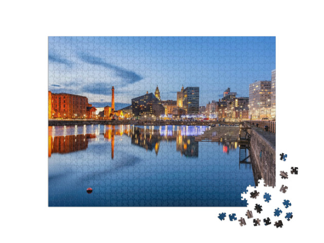 Puzzel 1000 stukjes „Nachtzicht van Liverpool, skyline richting Albert Dock“