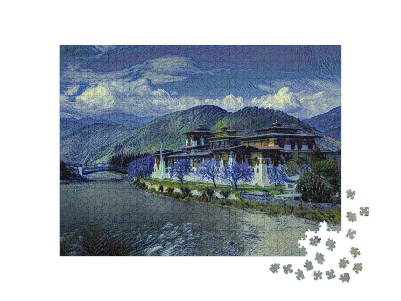 Puzzel 1000 stukjes „in de kunststijl van van Gogh, Sterrennacht - Punakha Dzong in Punakha, Bhutan“