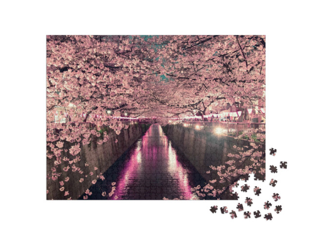 Puzzel 1000 stukjes „Kersenbloesems bij nacht in Tokio“
