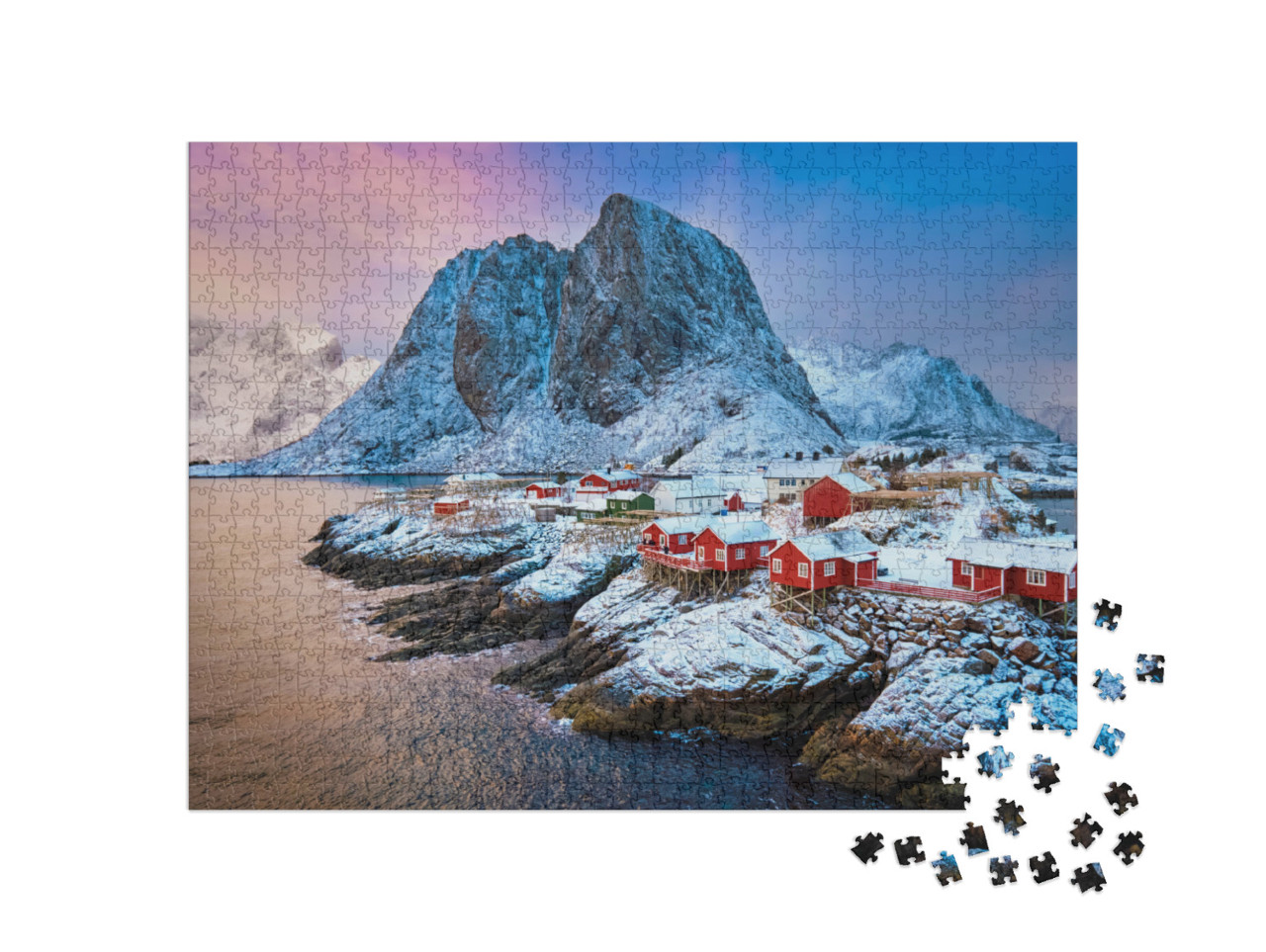 Puzzel 1000 stukjes „Vissersdorp op de Lofoten: Zonsopgang in de winter, Noorwegen“