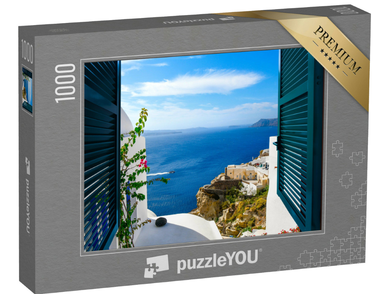 Puzzel 1000 stukjes „Uitzicht vanuit een raam in het dorp Oia op het eiland Santorini, Griekenland“