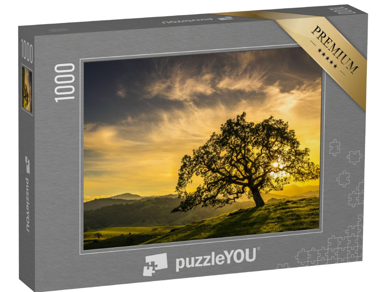 Puzzel 1000 stukjes „Zonsondergang door een eikenboom bij San Jose, Californië“