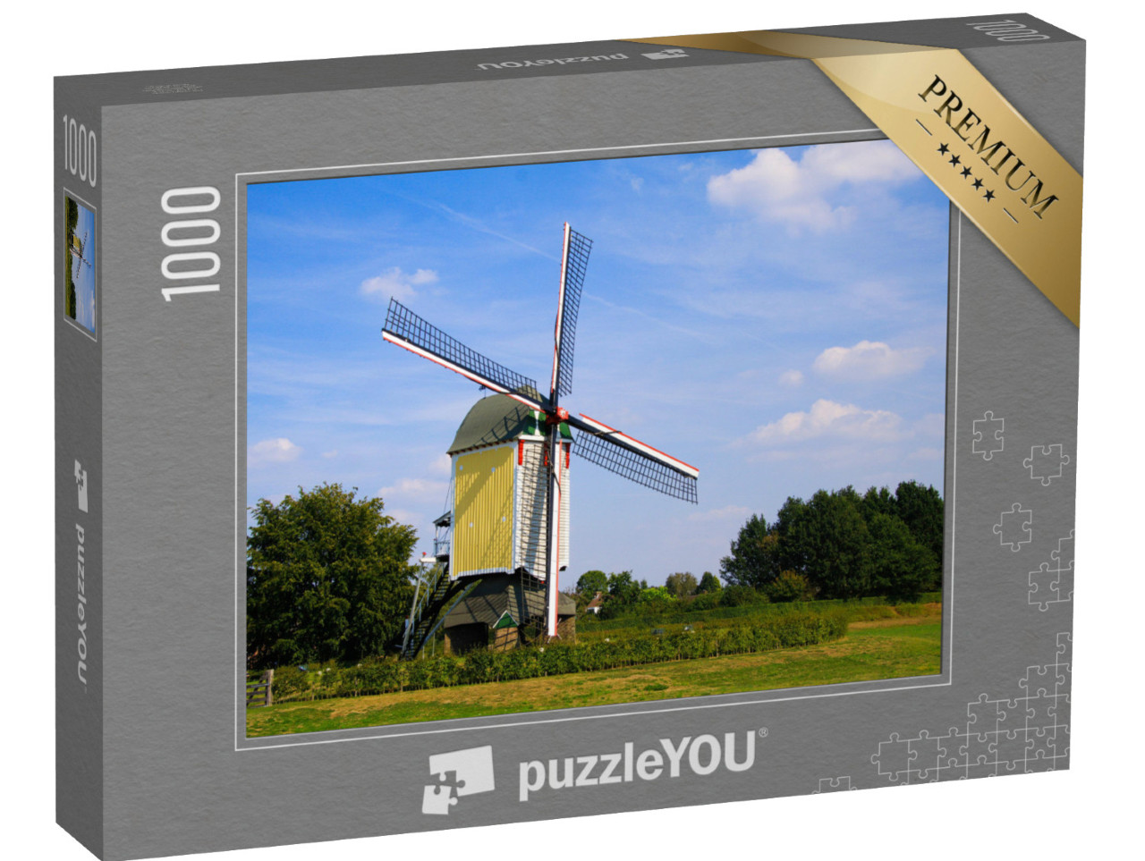 Puzzel 1000 stukjes „Houten windmolen voor een blauwe lucht Nederland, Baexem“