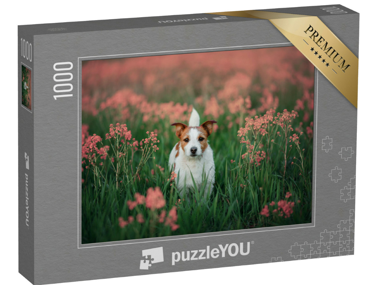 Puzzel 1000 stukjes „Nieuwsgierige Jack Russell Terrier in een bloemenweide“