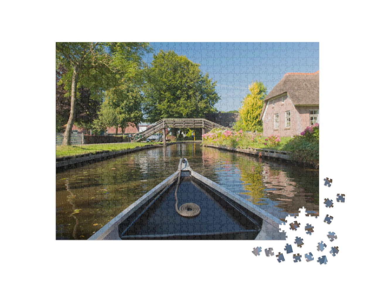 Puzzel 1000 stukjes „Een boot in het dorp Giethoorn“
