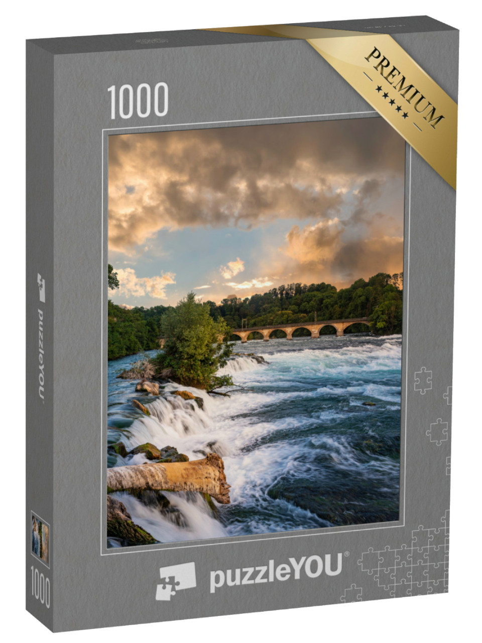 Puzzel 1000 stukjes „Landschap bij de Rijnwaterval met spoorwegviaduct, Kanton Schaffhausen, Zwitserland“