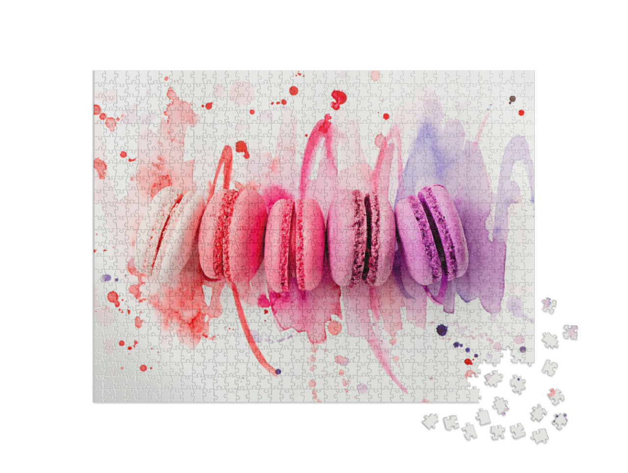 Puzzel 1000 stukjes „Kleurrijke macarons met een bijpassende aquarelachtergrond“