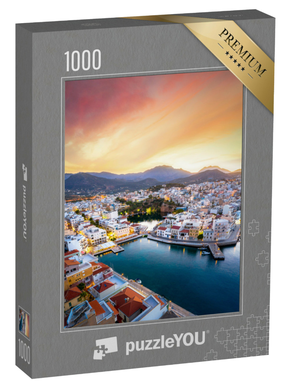 Puzzel 1000 stukjes „Het meer van Voulismeni bij Agios Nikolaos, kustplaats op Kreta, Griekenland“
